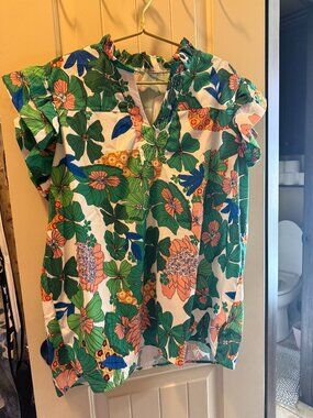 Cherry Betty ruffle collar floral shirt tropical print